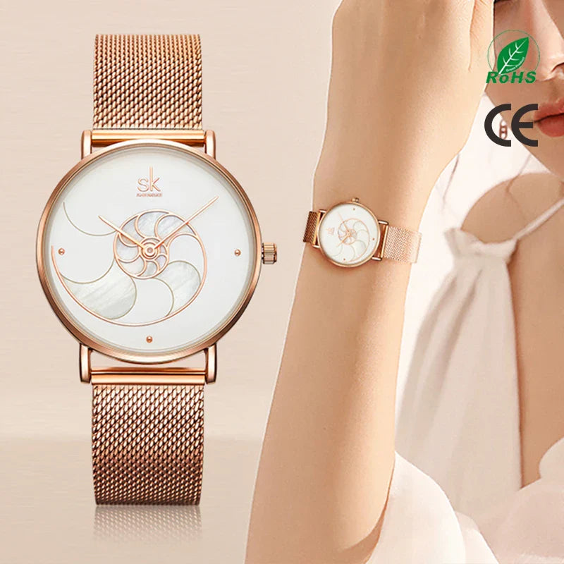 SK Ultra-Thin Women’s Quartz Watch – Stainless Steel Mesh Band, 3ATM Waterproof
