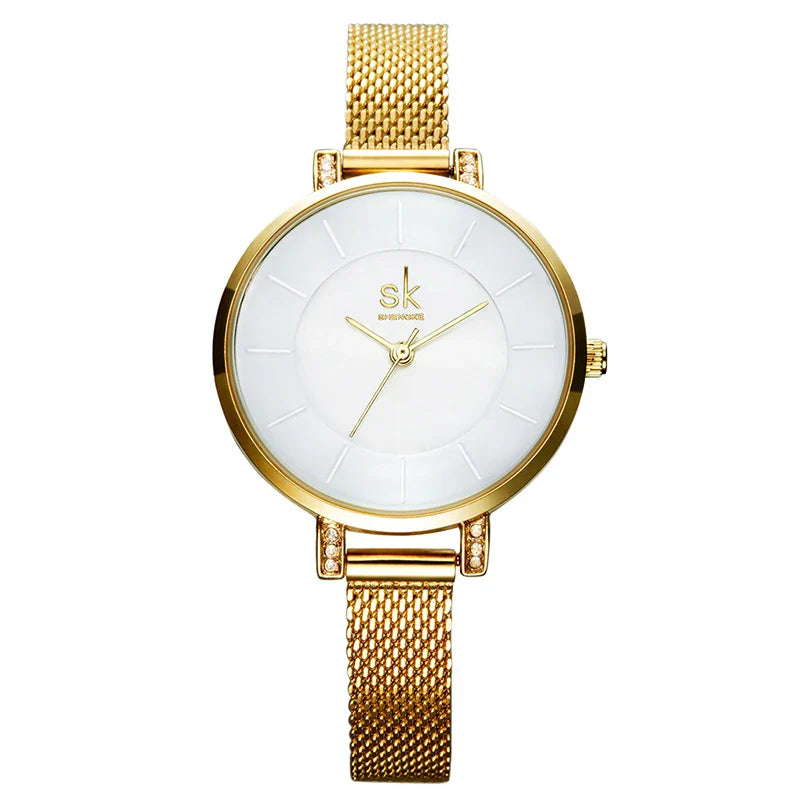 SK Minimalist Women’s Gold Watch – Ultra-Thin Analog Quartz Wristwatch