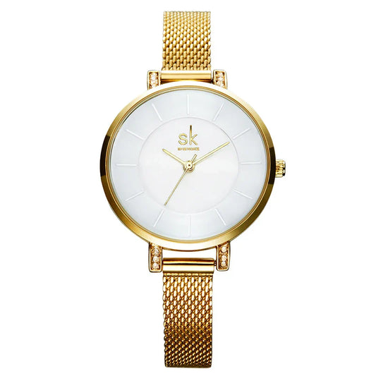 SK Minimalist Women’s Gold Watch – Ultra-Thin Analog Quartz Wristwatch