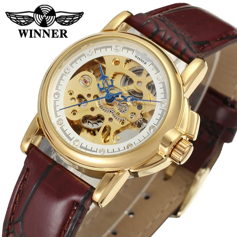 T-WINNER Women's Skeleton Watch – Automatic Mechanical Leather Strap, Fashion Timepiece