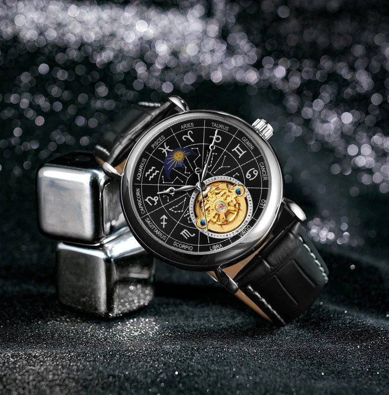 T-Winner Men’s Moon Phase Automatic Watch – Leather Strap Mechanical Dive Wristwatch