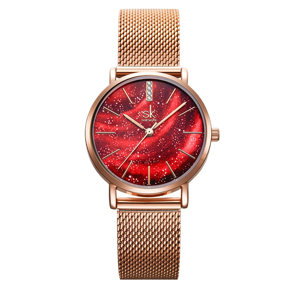 SK Women’s Quartz Watch – Starry Sky Dial, Waterproof Minimalist Lady Wristwatch