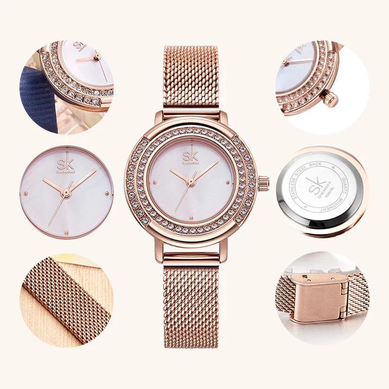 SK Elegant Women’s Quartz Watch – Luxury Waterproof Wristwatch with Steel Mesh Band