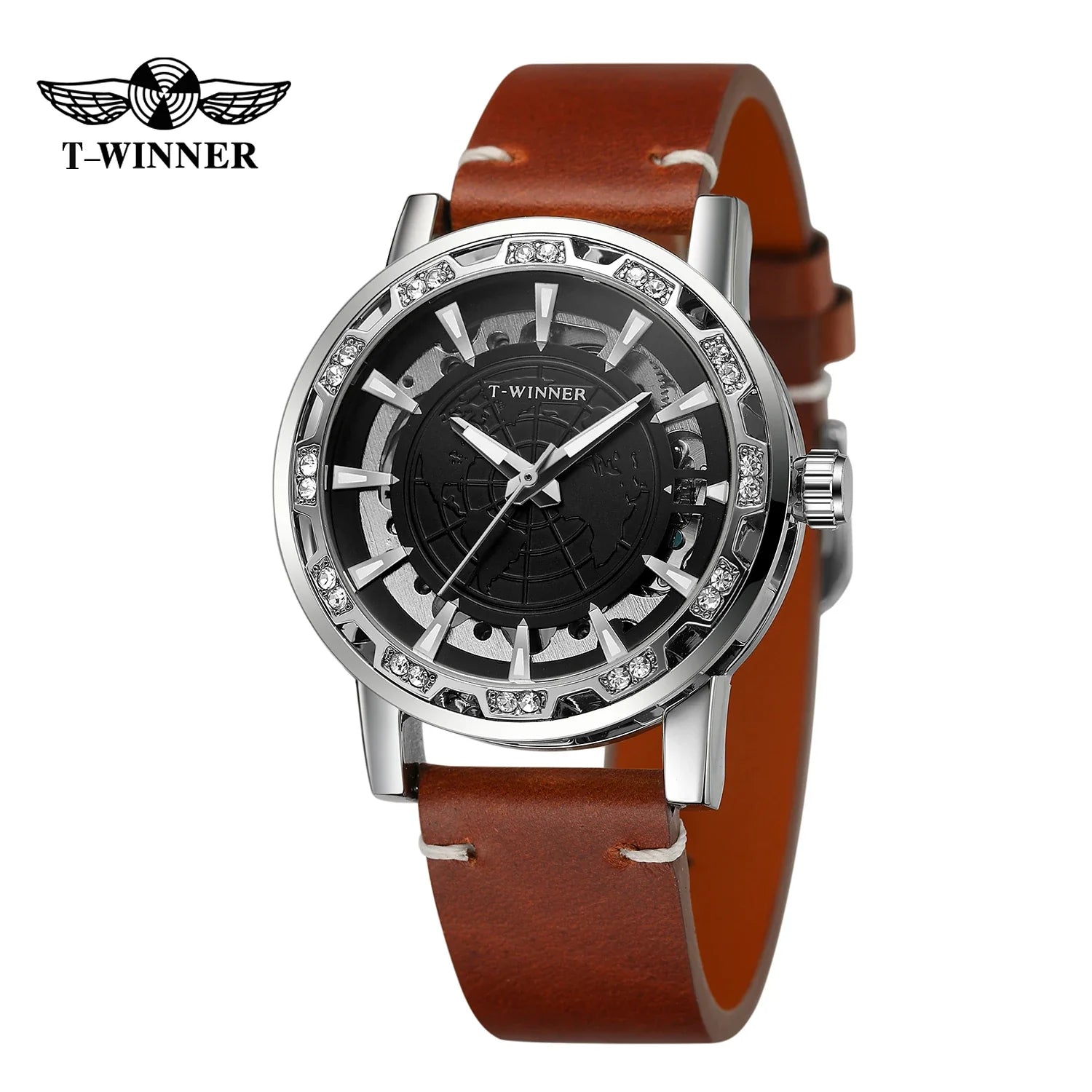 T-Winner Men’s Skeleton Mechanical Watch – Luminous Leather Strap Automatic Timepiece