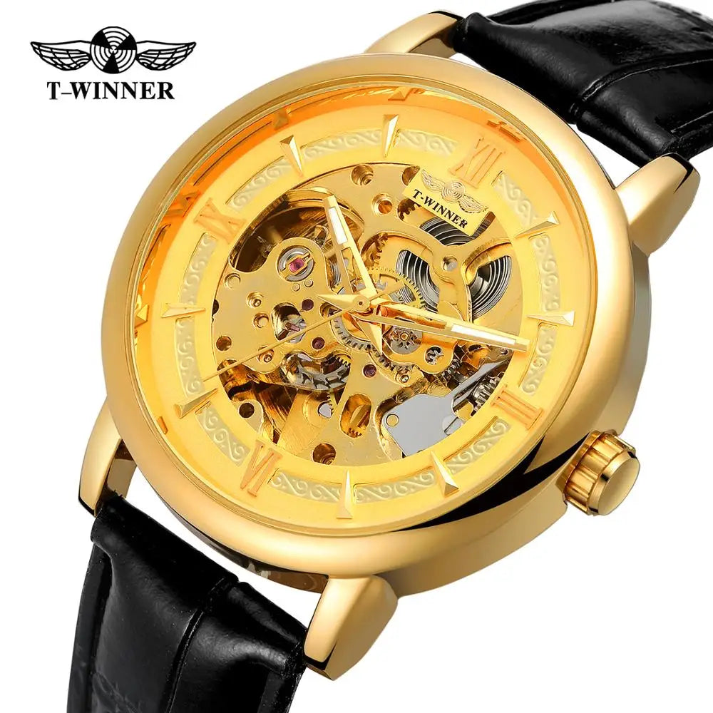 T-Winner Men’s Leather Automatic Mechanical Watch – Full Skeleton Hollow Design
