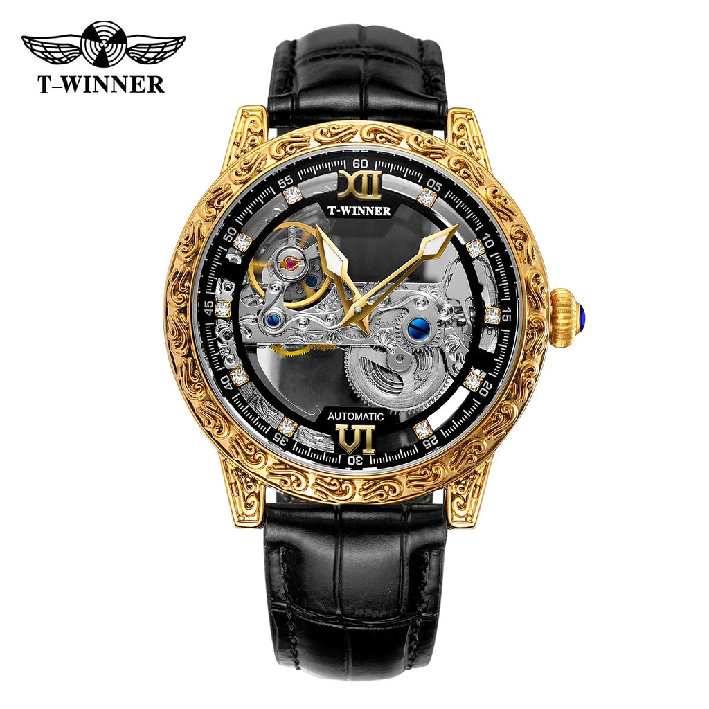 T-Winner Skeleton Automatic Watch for Men – Luxury Mechanical Design with Leather Strap