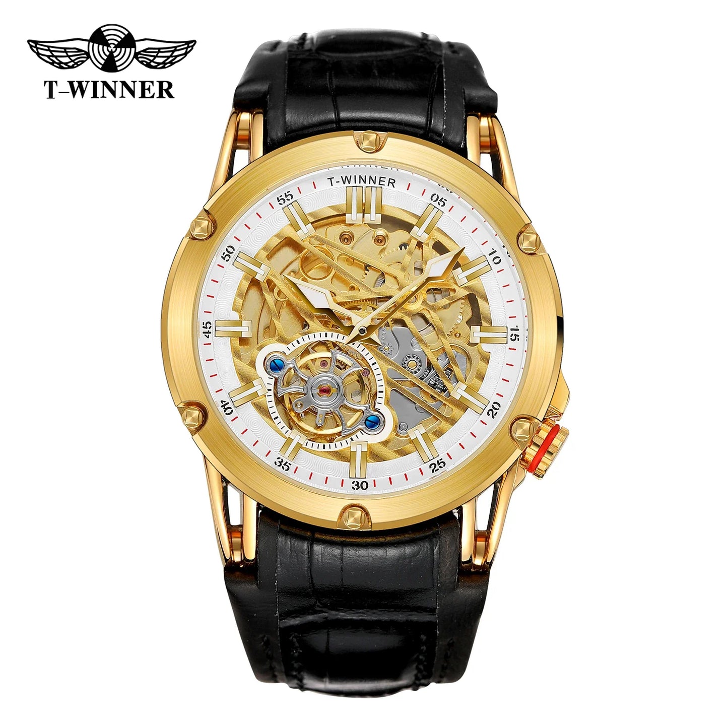 T-Winner Men’s Automatic Mechanical Watch – Elegant Leather Strap, Luminous Skeleton Dial