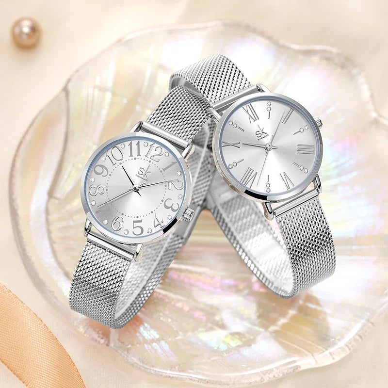 SK Women’s Quartz Watch – Stainless Steel Mesh Band, Waterproof Fashion Analog