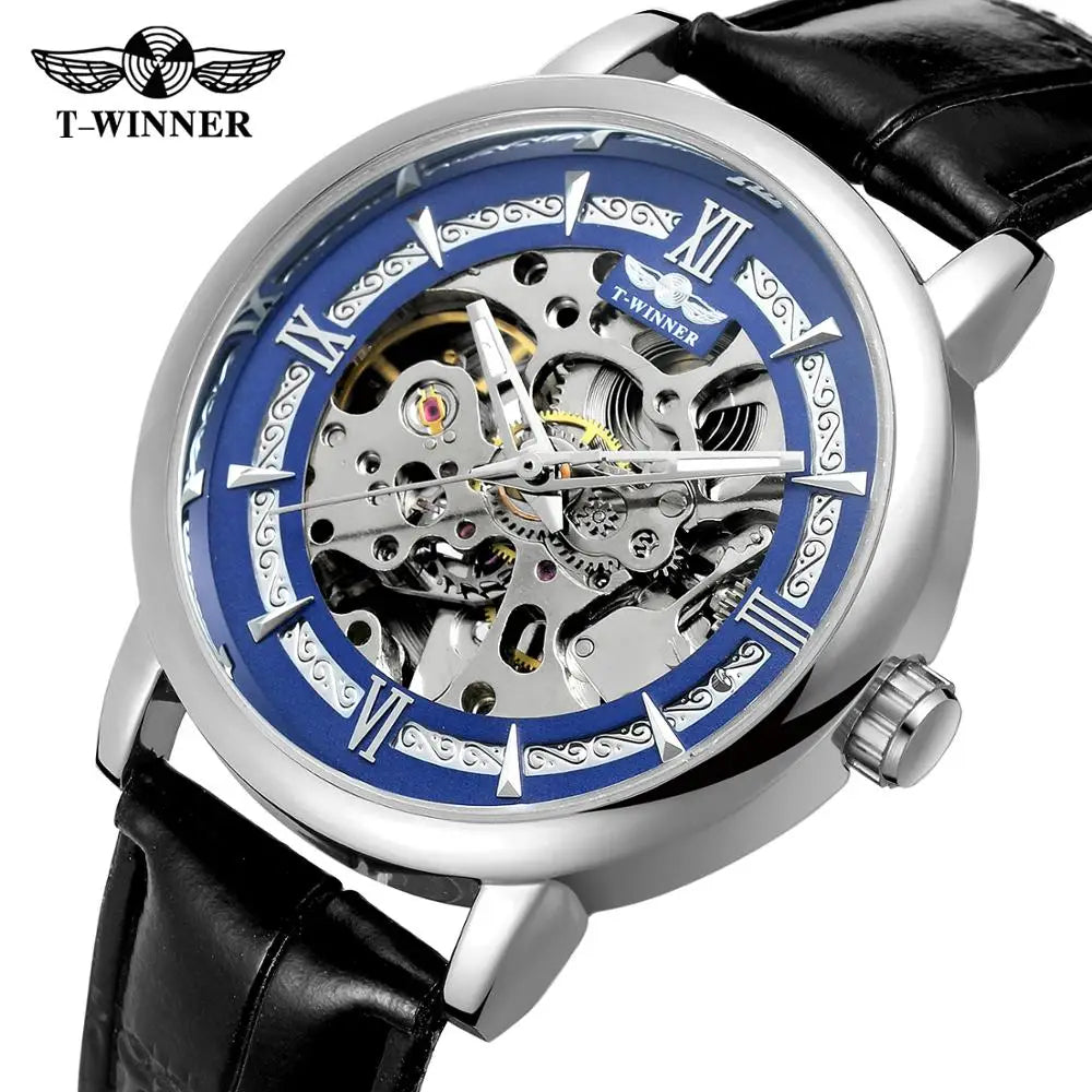 T-Winner Men’s Leather Automatic Mechanical Watch – Full Skeleton Hollow Design