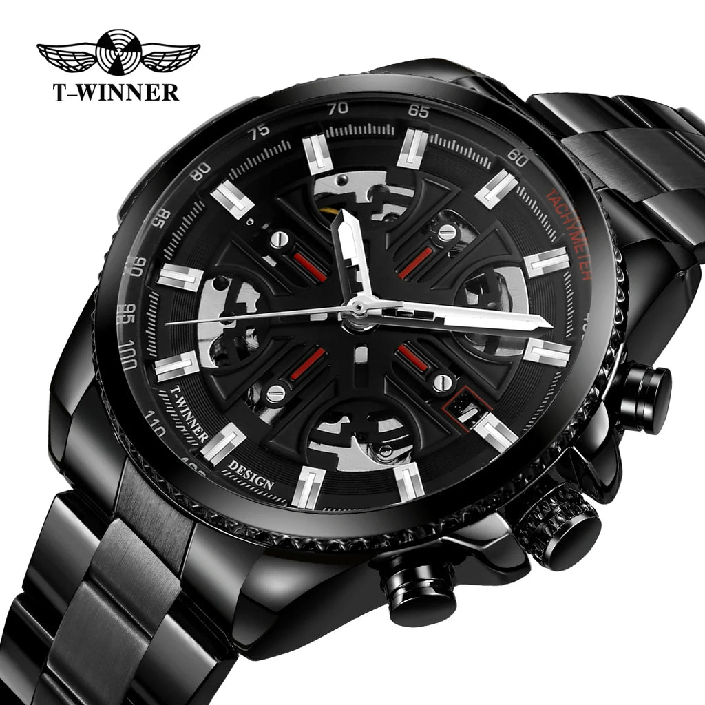 T-Winner Men’s Automatic Tachymeter Watch – Luminous Hollow Dial, Stainless Steel