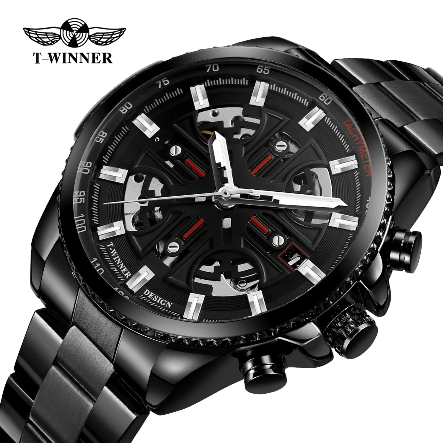 T-Winner Men’s Automatic Tachymeter Watch – Luminous Hollow Dial, Stainless Steel