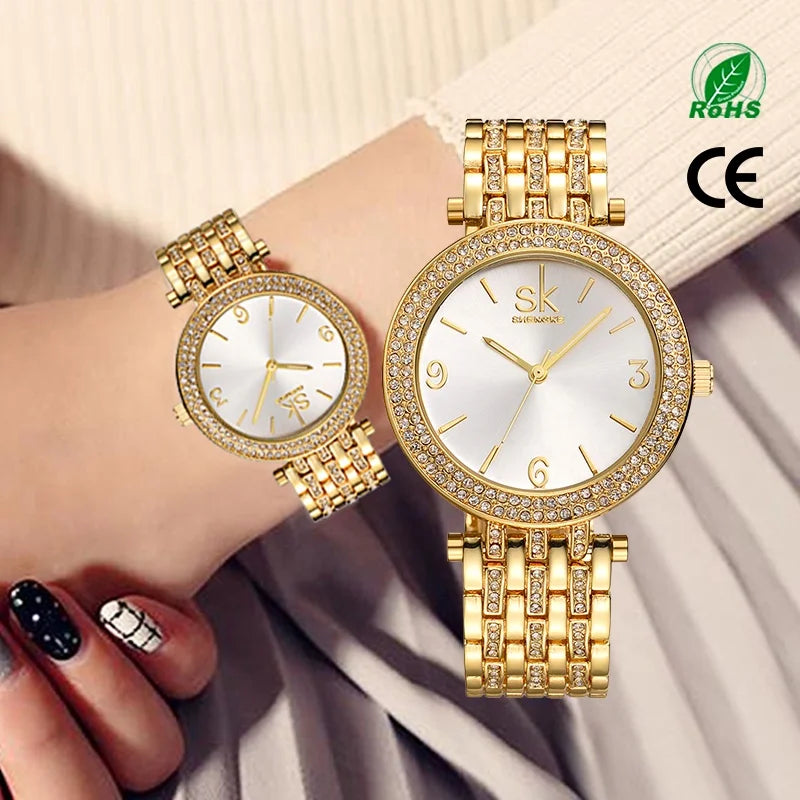 SK Women’s Luxury Diamond Quartz Watch – Iced Out Alloy Waterproof Timepiece