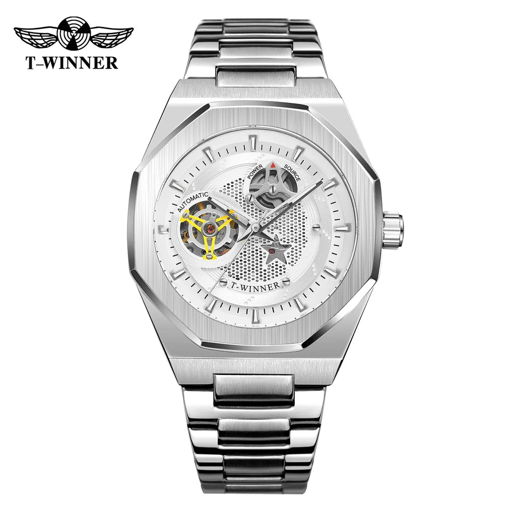 T-Winner Men's Skeleton Automatic Watch – Classic Stainless Steel Mechanical Timepiece