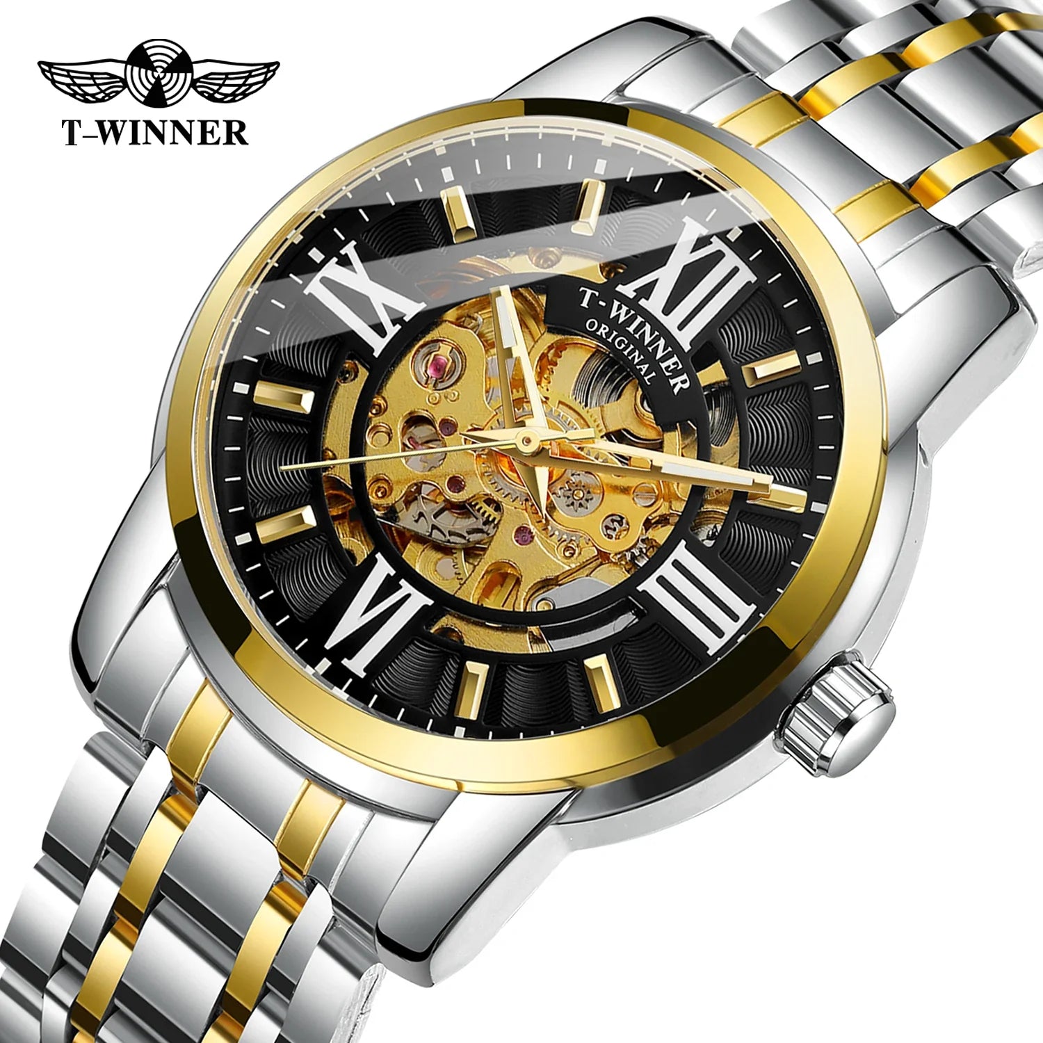 T-Winner Men’s Automatic Mechanical Skeleton Watch – Roman Numeral Stainless Steel