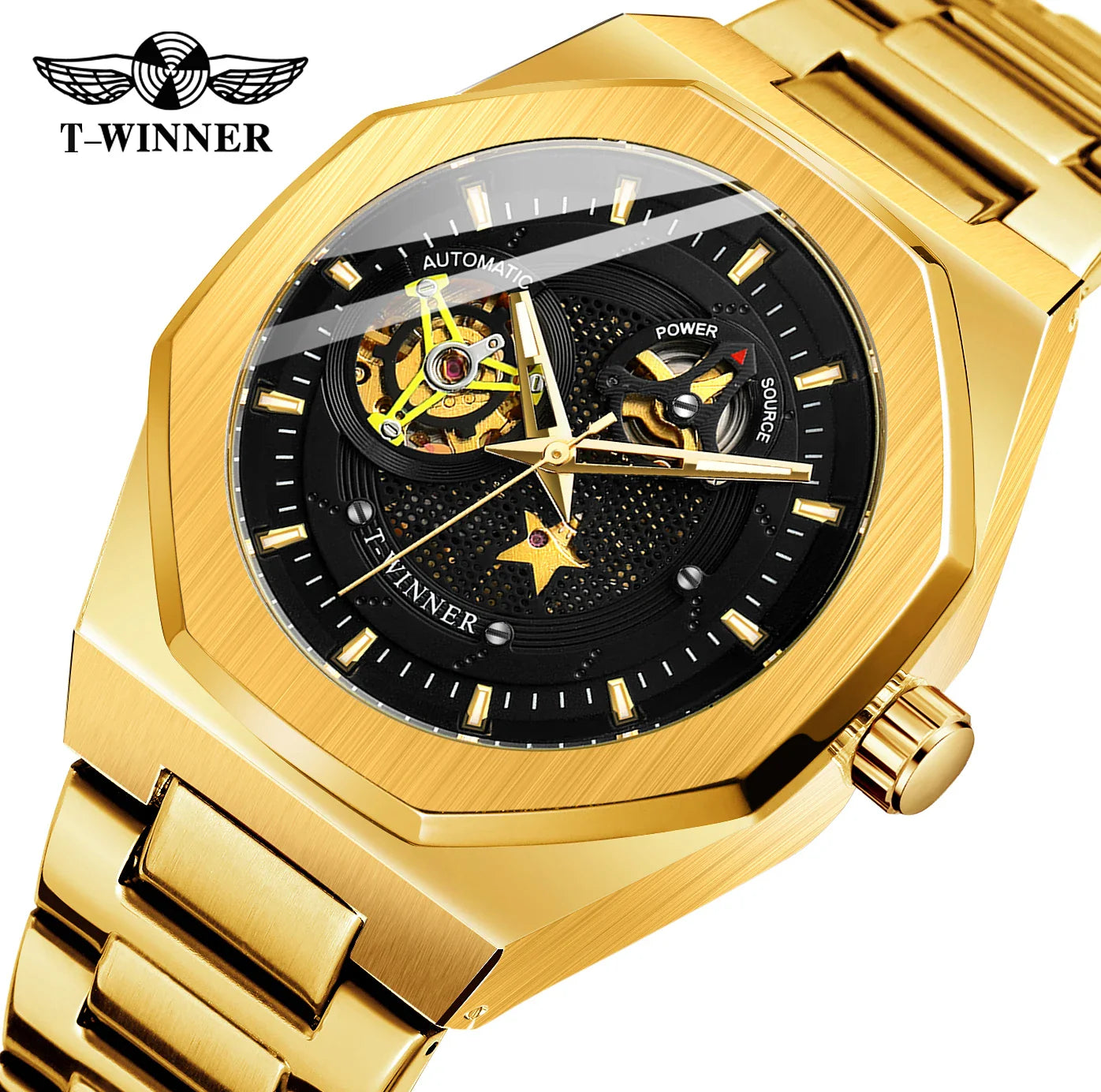 T-Winner Men's Skeleton Automatic Watch – Classic Stainless Steel Mechanical Timepiece