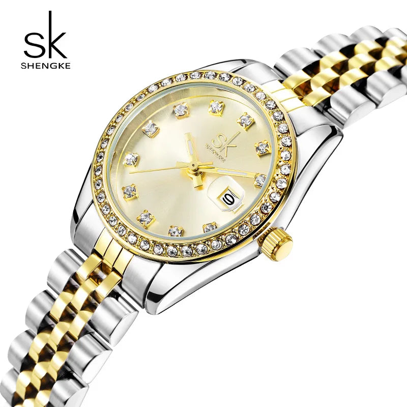 SK Women’s Crystal Quartz Watch – Stainless Steel Band, 3BAR Water-Resistant