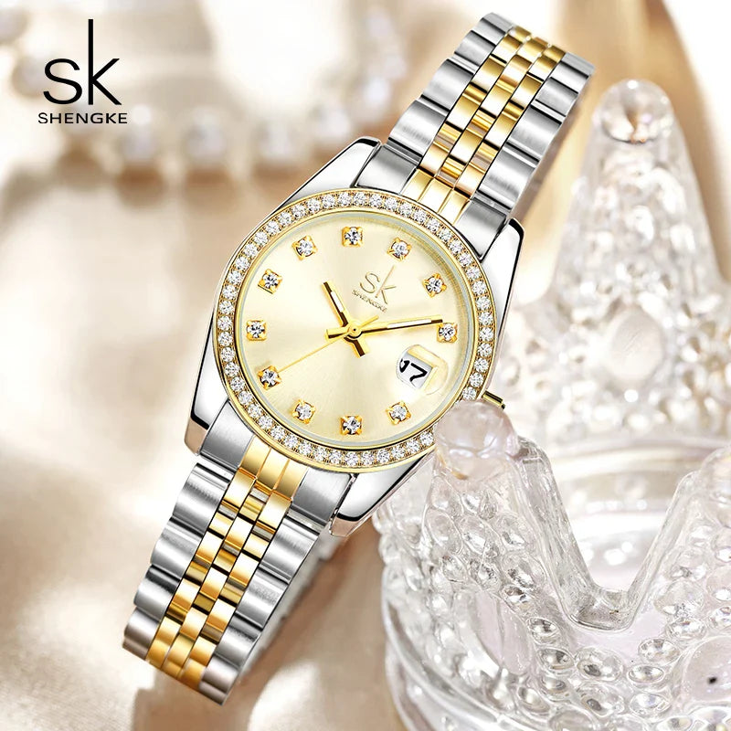 SK Women’s Crystal Quartz Watch – Stainless Steel Band, 3BAR Water-Resistant