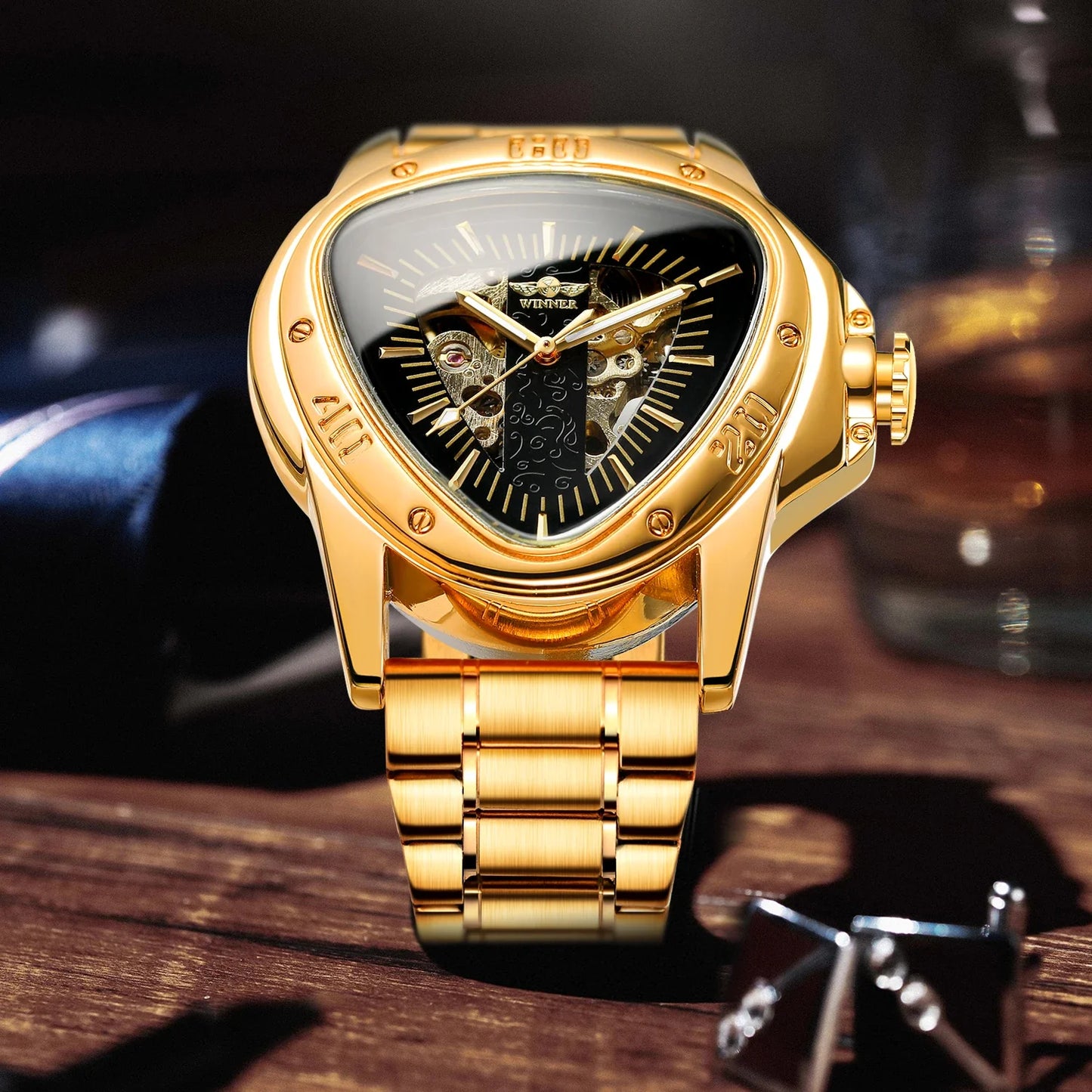 T-Winner Men’s Mechanical Triangle Watch – Luminous Stainless Steel Wristwatch