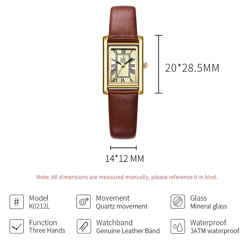 SK Women’s Classic Quartz Watch – Luxury Rectangle Dial, Waterproof Wristwatch