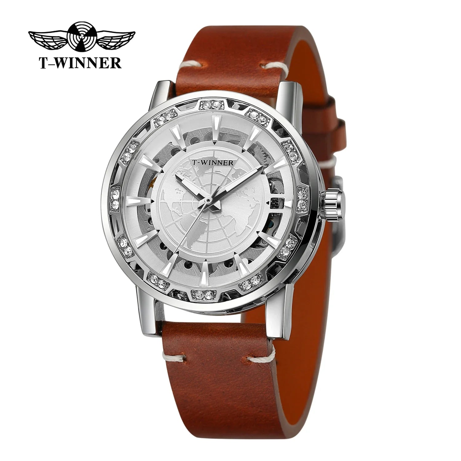 T-Winner Men’s Skeleton Mechanical Watch – Luminous Leather Strap Automatic Timepiece