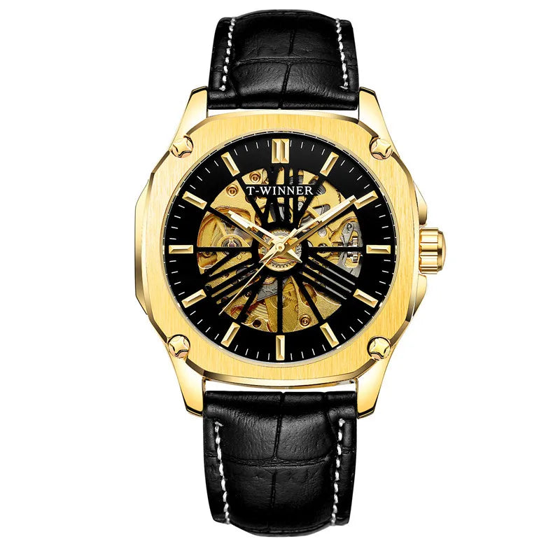 T-Winner Men’s Automatic Mechanical Watch – Leather Strap Hollow Flywheel Design