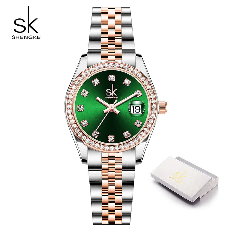 SK Women’s Crystal Quartz Watch – Stainless Steel Band, 3BAR Water-Resistant