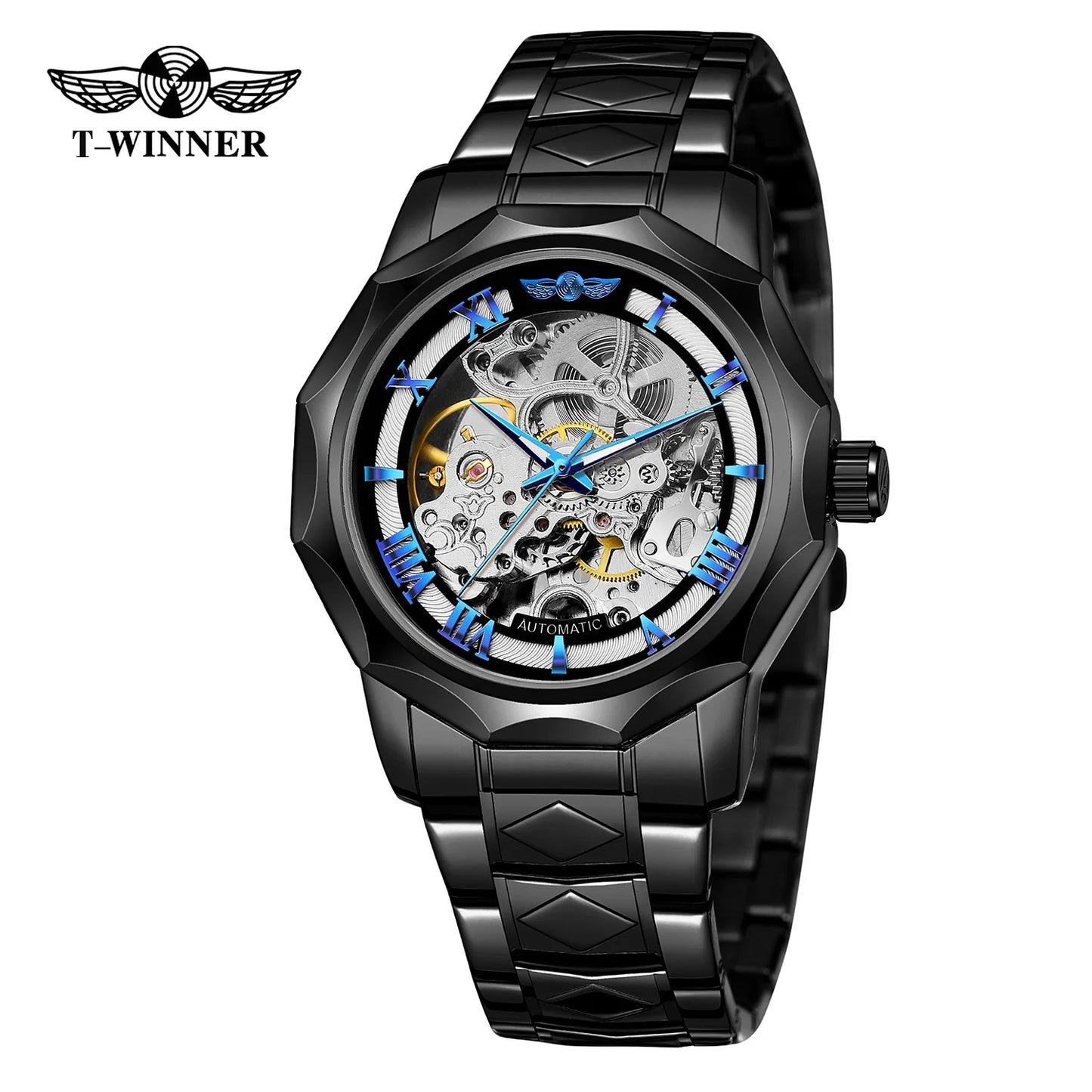 T-Winner Men’s Mechanical Watch – Luxury Hollow Polygonal Dial Stainless Steel Band