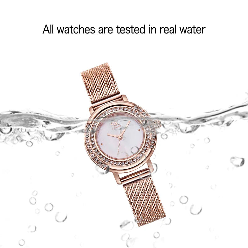 SK Elegant Women’s Quartz Watch – Luxury Waterproof Wristwatch with Steel Mesh Band