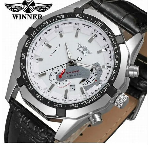 T-Winner Men’s Automatic Watch – Stainless Steel Mechanical Timepiece with Leather Strap