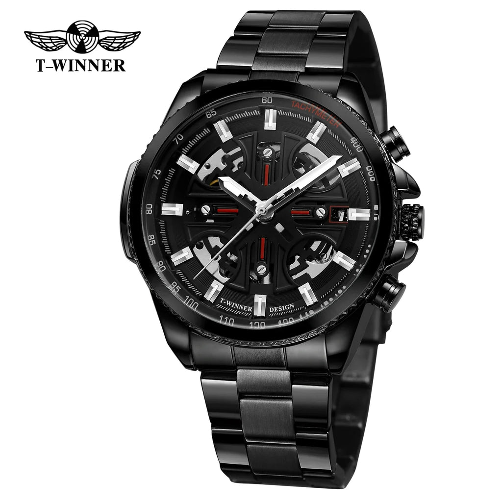 T-Winner Men’s Automatic Tachymeter Watch – Luminous Hollow Dial, Stainless Steel