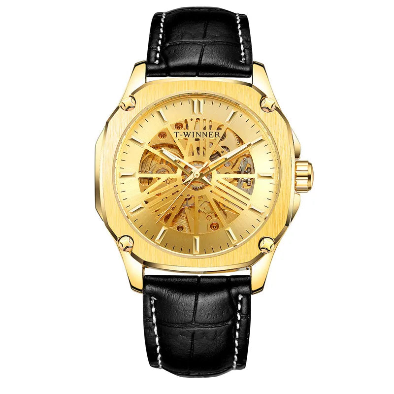 T-Winner Men’s Automatic Mechanical Watch – Leather Strap Hollow Flywheel Design