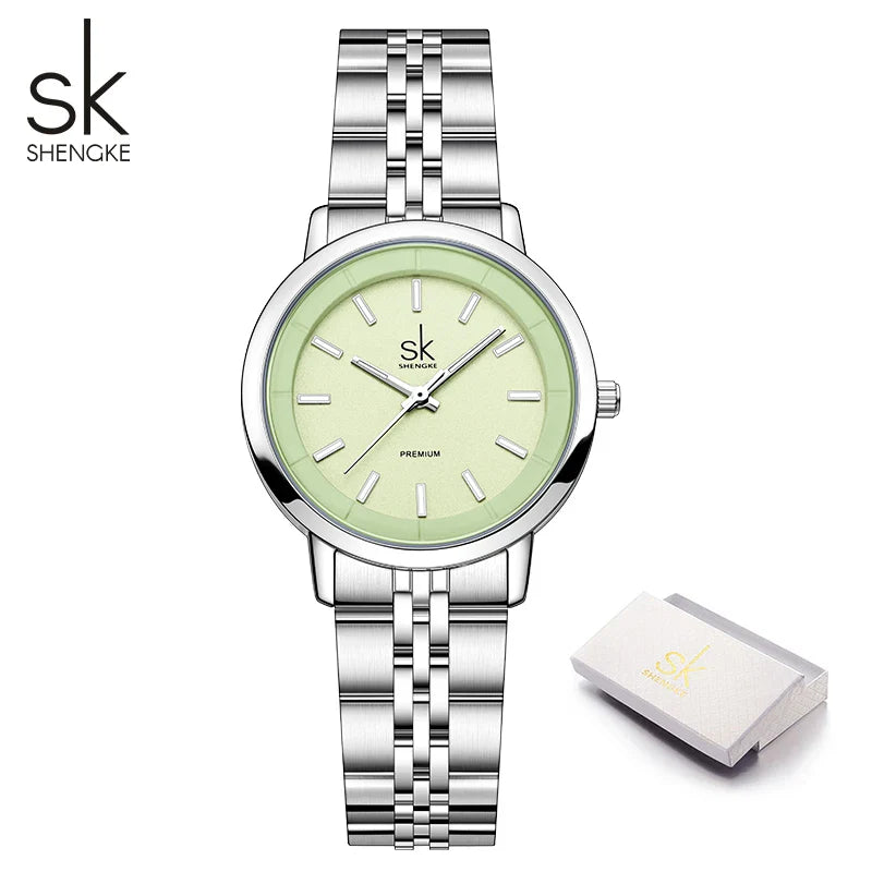 SK Women’s Quartz Watch – Candy Color Dial, Stainless Steel Strap, Waterproof Wristwatch