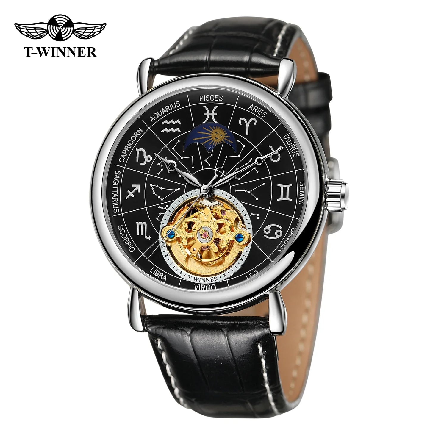 T-Winner Men’s Moon Phase Automatic Watch – Leather Strap Mechanical Dive Wristwatch