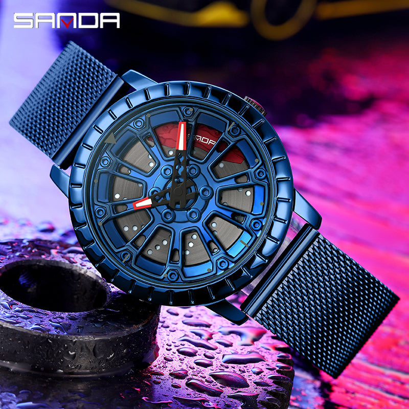 Sanda Men’s Quartz Watch – Hollow Dial, Mesh Stainless Steel Band, Waterproof Timepiece