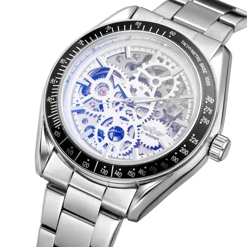 T-Winner Men’s Automatic Mechanical Watch – Stainless Steel Skeleton Wristwatch
