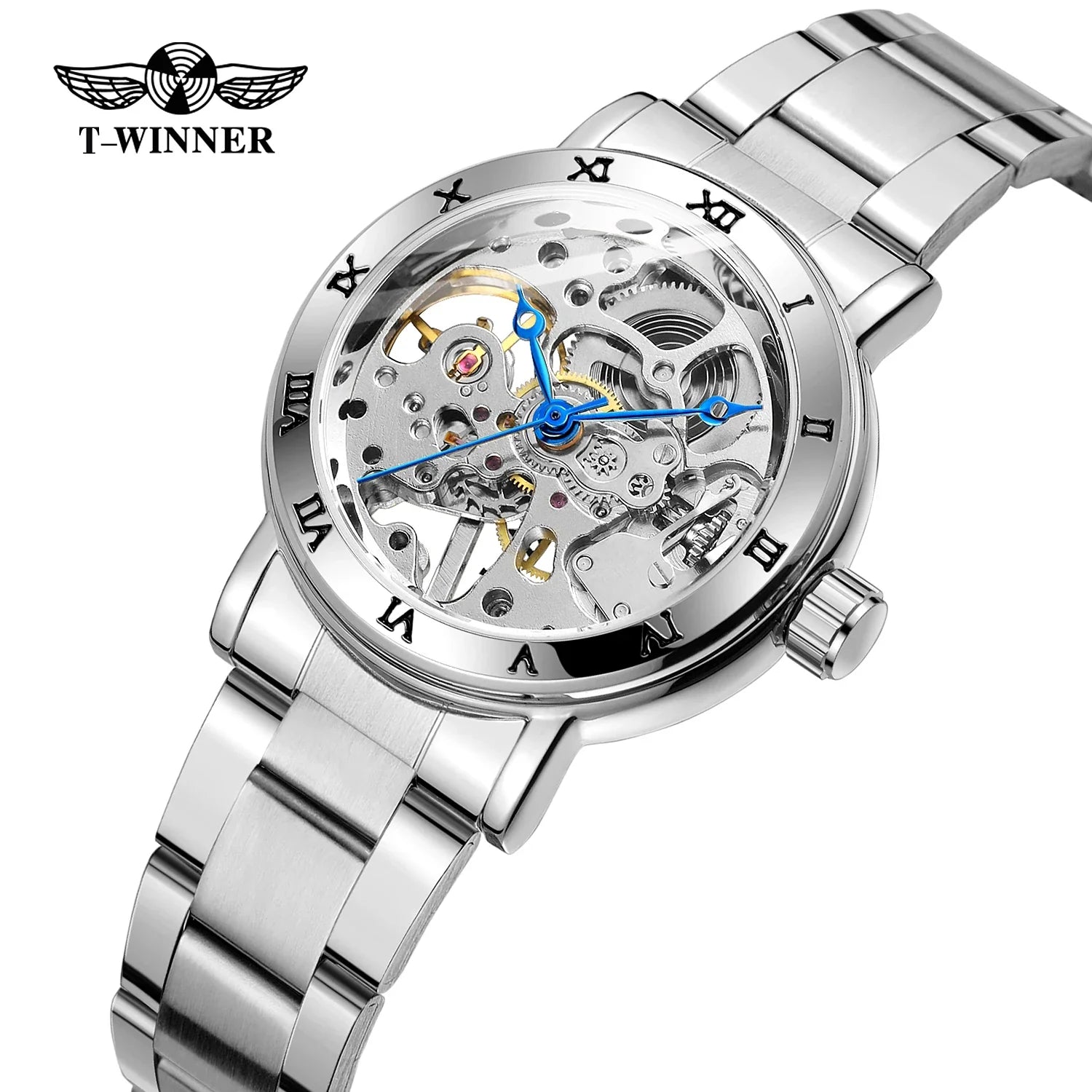 T-Winner Women’s Skeleton Mechanical Watch – Stainless Steel, Luminous Analog Timepiece