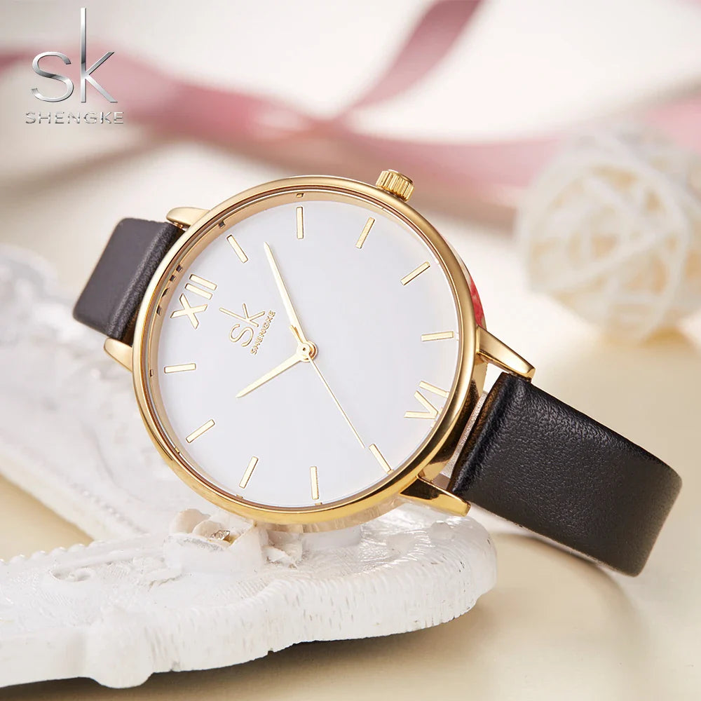 SK Women’s Quartz Leather Watch – Large Dial, Waterproof Casual Fashion Wristwatch