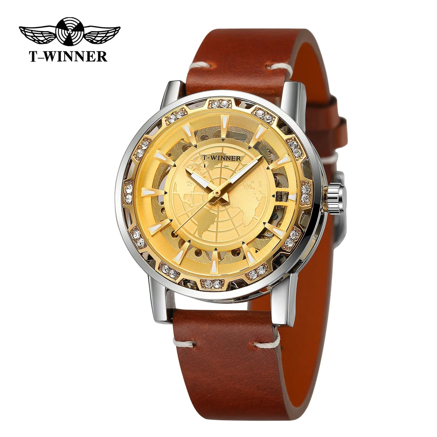 T-Winner Men’s Skeleton Mechanical Watch – Luminous Leather Strap Automatic Timepiece