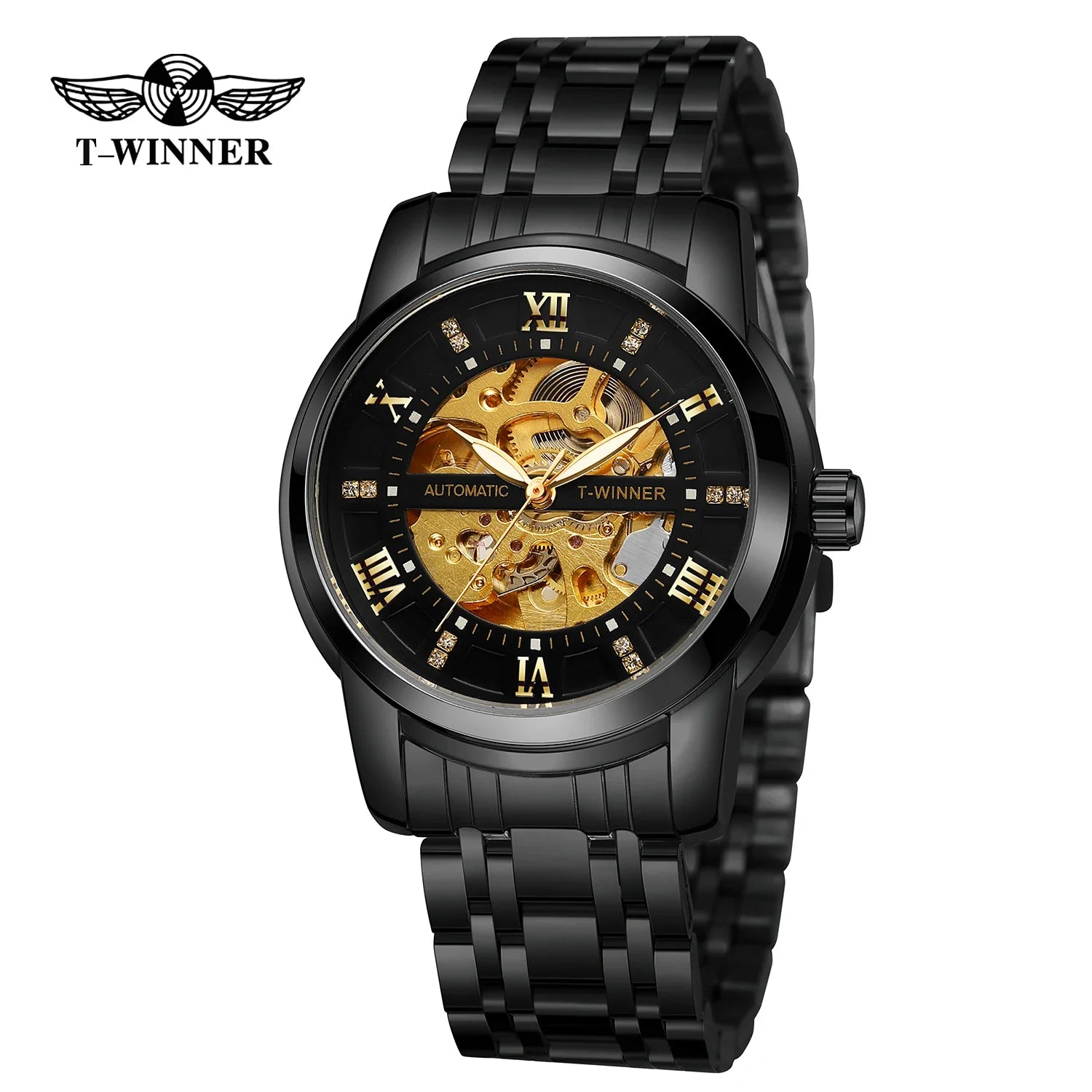 T-WINNER Men’s Mechanical Watch – Luminous Transparent Dial Stainless Steel Band