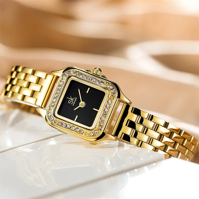 SK Women’s Quartz Watch – Elegant Square Dial with Diamond Accents, Stainless Steel Band