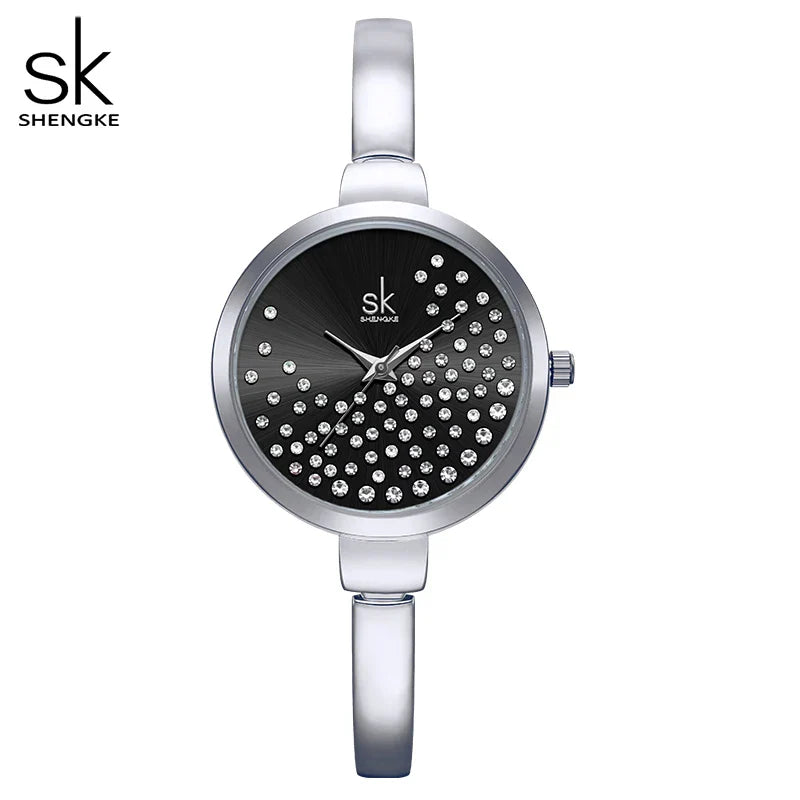 SK Women’s Quartz Watch – Diamond Accent Dial, Leather Strap, 3ATM Water Resistant