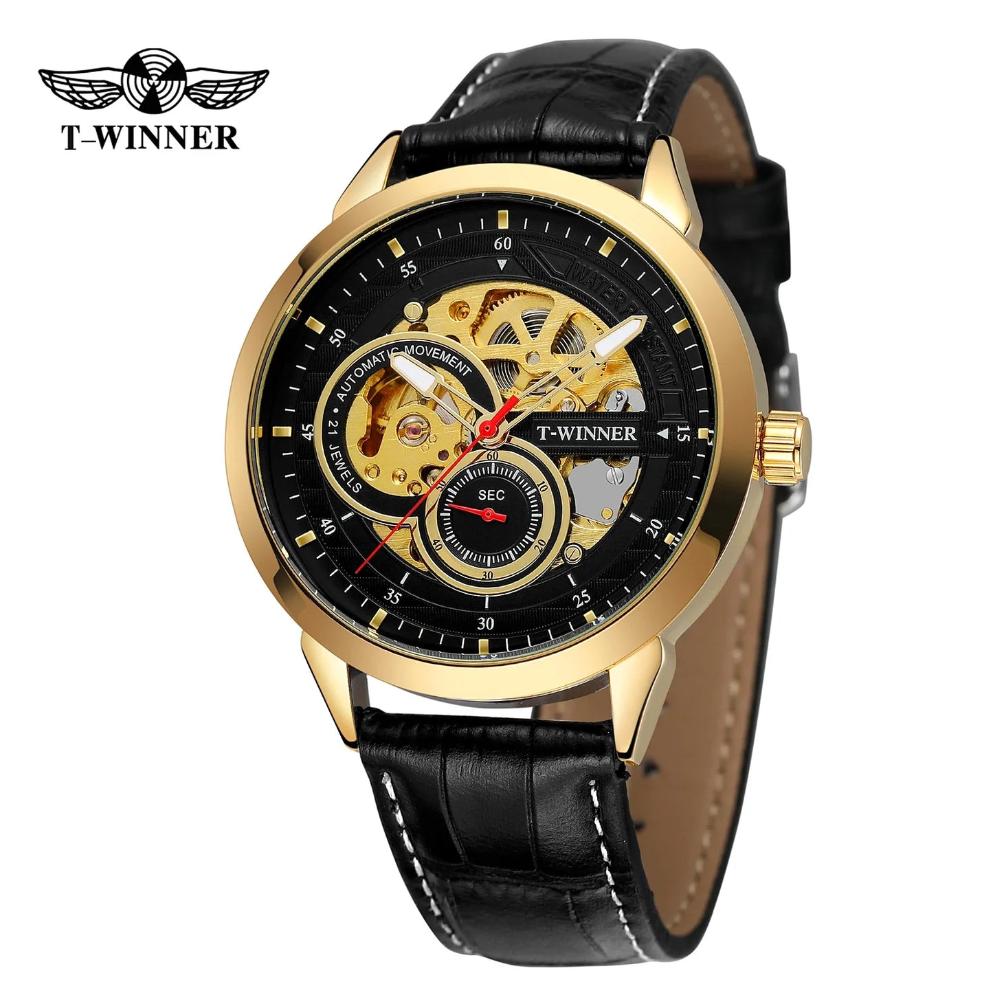 T-WINNER Skeleton Automatic Mechanical Watch for Men – Leather Strap Luxury Timepiece