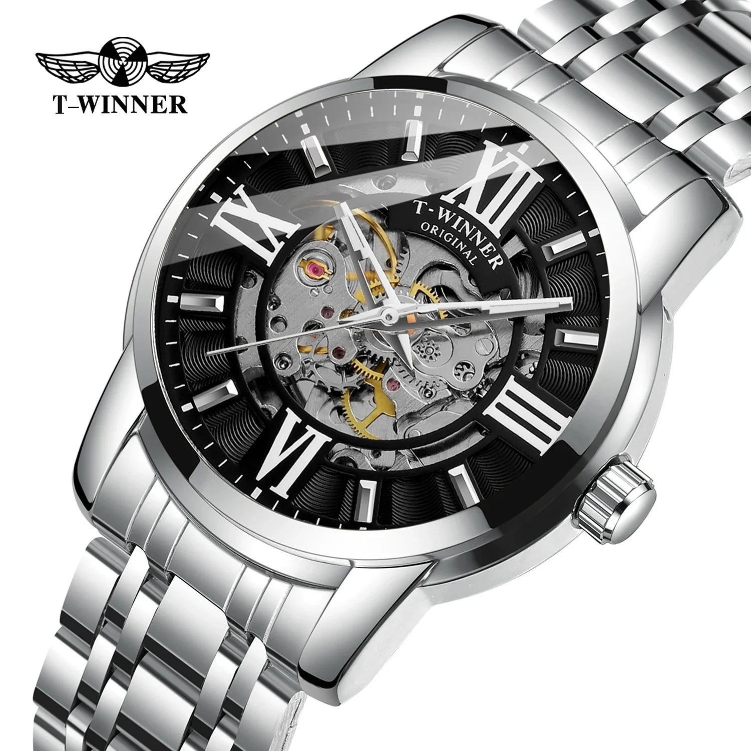 T-Winner Men’s Automatic Mechanical Skeleton Watch – Roman Numeral Stainless Steel