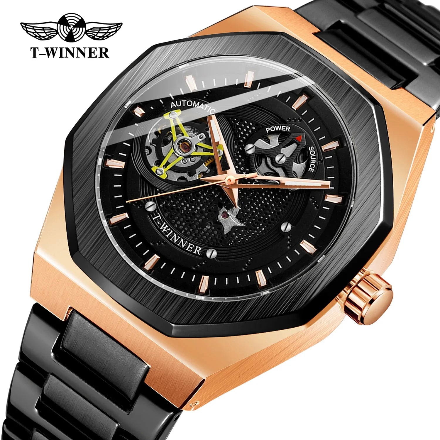 T-Winner Men's Skeleton Automatic Watch – Classic Stainless Steel Mechanical Timepiece