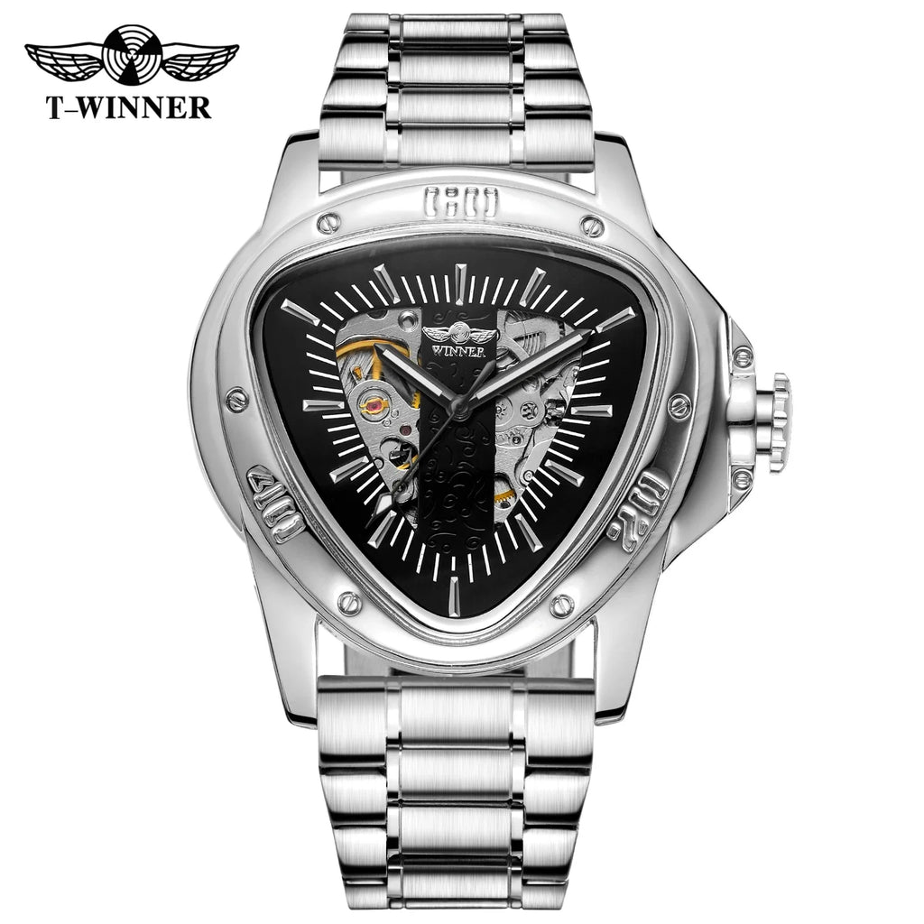 T-Winner Men’s Mechanical Triangle Watch – Luminous Stainless Steel Wristwatch