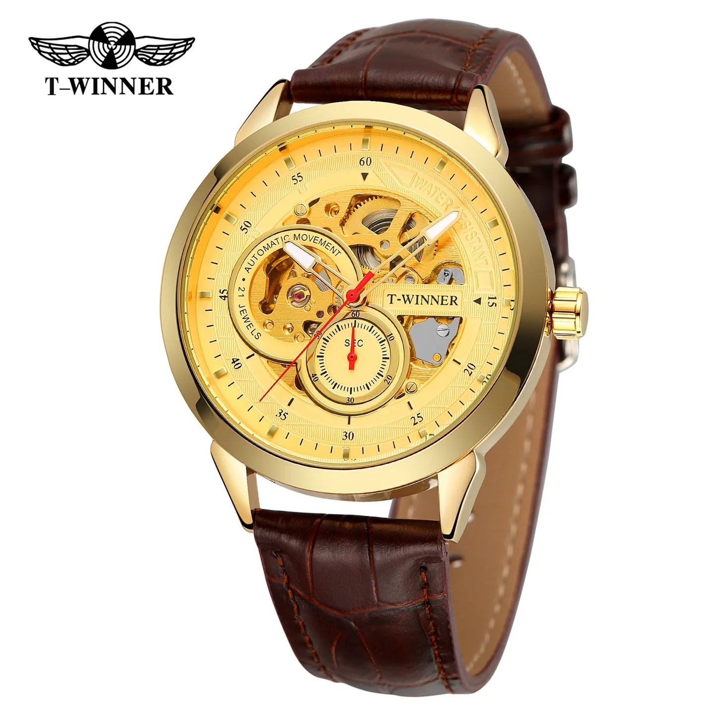 T-WINNER Skeleton Automatic Mechanical Watch for Men – Leather Strap Luxury Timepiece