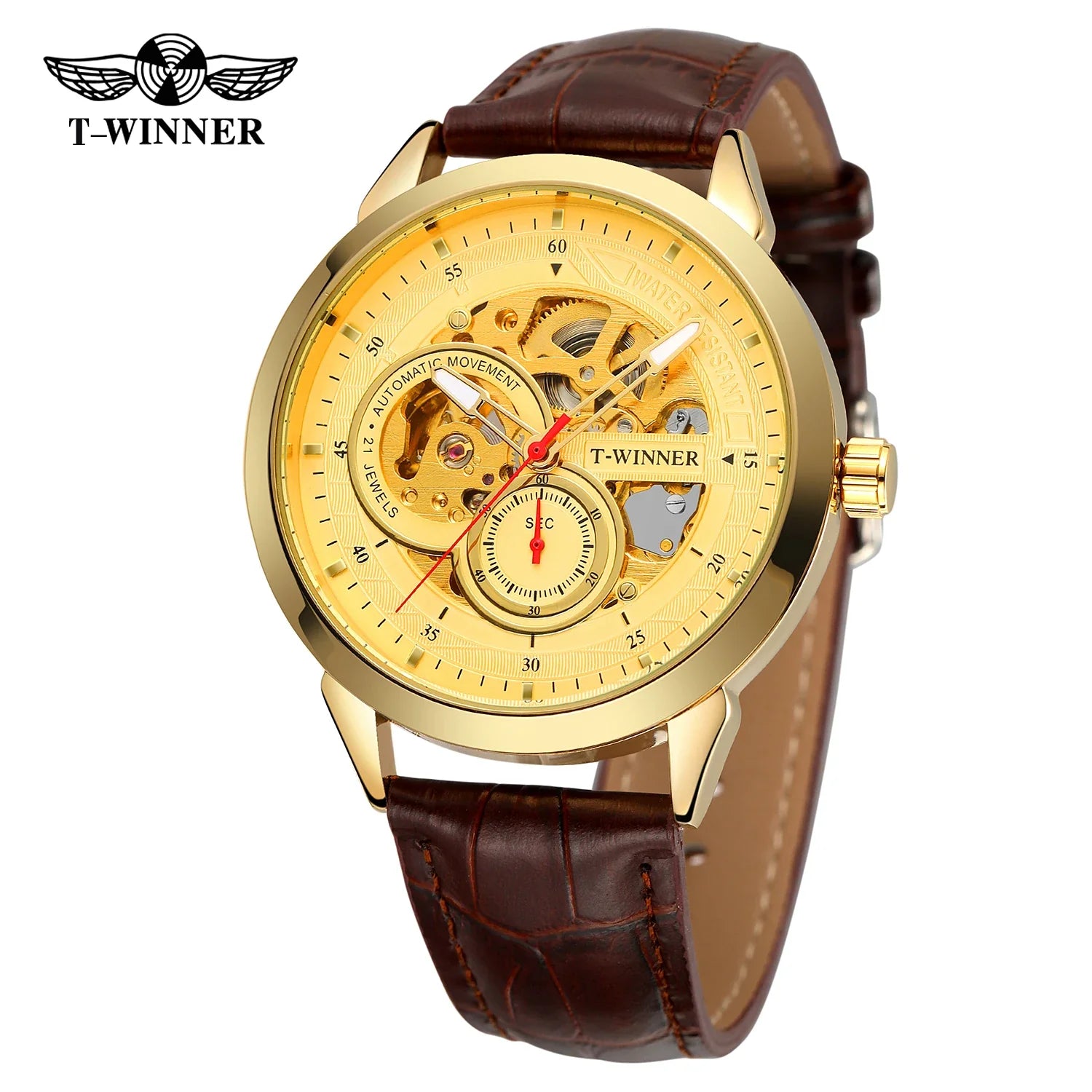 T-WINNER Skeleton Automatic Mechanical Watch for Men – Leather Strap Luxury Timepiece