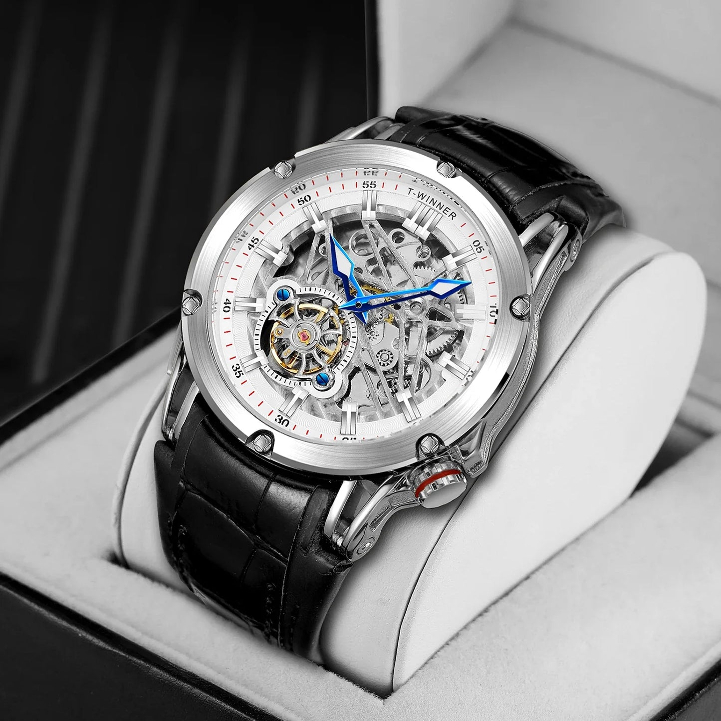 T-Winner Men’s Automatic Mechanical Watch – Elegant Leather Strap, Luminous Skeleton Dial