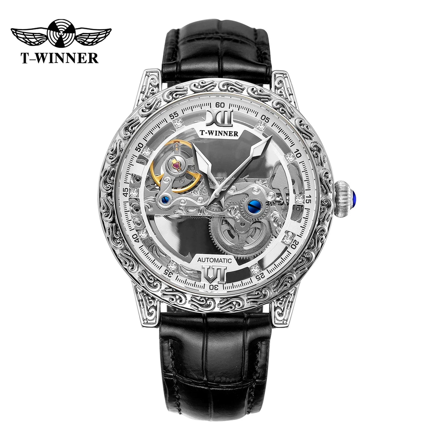 T-Winner Skeleton Automatic Watch for Men – Luxury Mechanical Design with Leather Strap