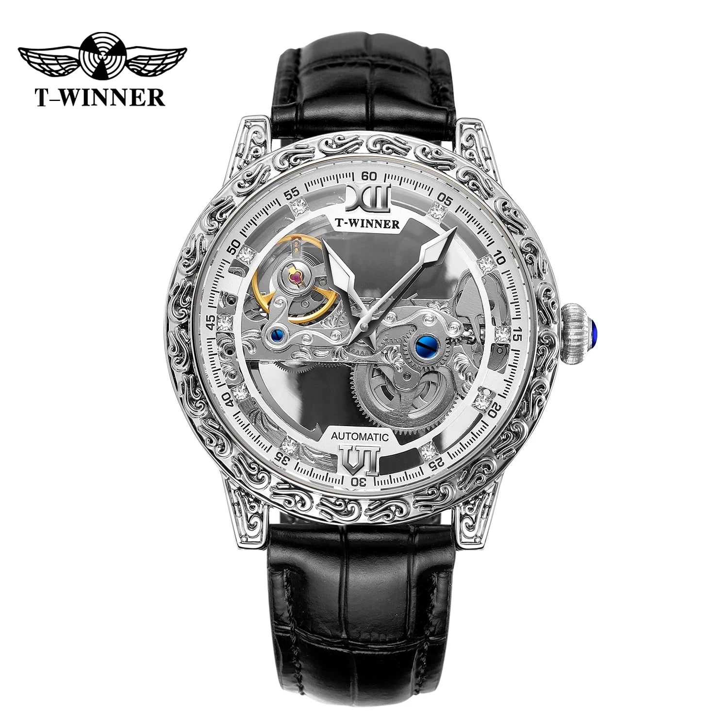 T-Winner Skeleton Automatic Watch for Men – Luxury Mechanical Design with Leather Strap